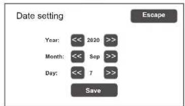 Date setting Year: << 2020 >> Month: << Sep >> Day: << 7 >> Save Escape