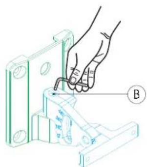 Technical diagram showing a hand using a tool to adjust a mechanical component with labeled parts and a directional arrow.