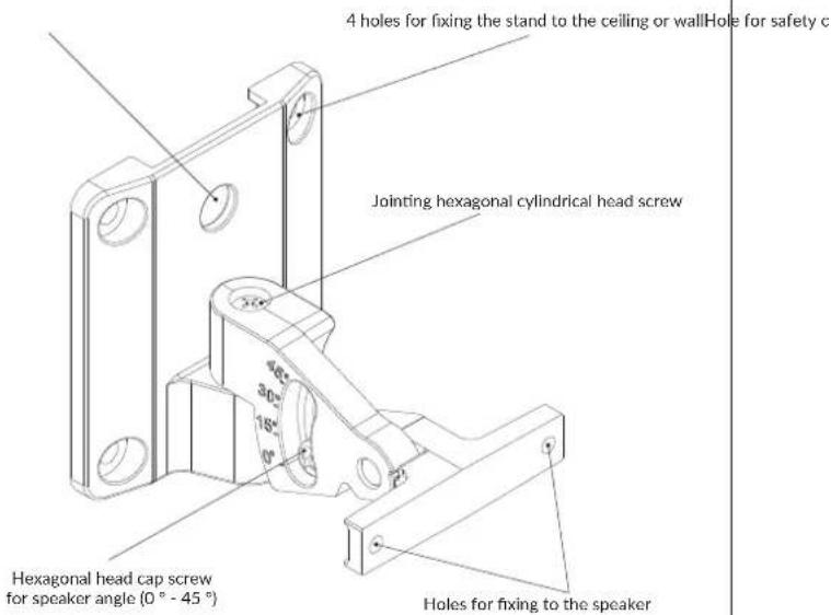 4 holes for fixing the stand to the ceiling or wallHole for safety c Jointing hexagonal cylindrical head screw Hexagonal head cap screw for speaker angle (0° - 45°) Holes for fixing to the speaker