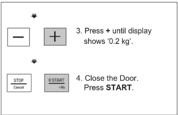 3. Press + until display shows '0.2 kg'. STOP Cancel ΦSTART +30s 4. Close the Door. Press START.