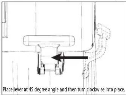 Place lever at 45 degree angle and then turn clockwise into place.