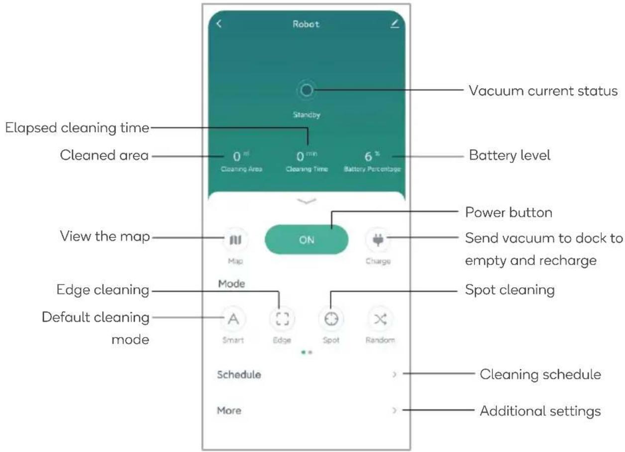 Robot Vacuum current status Standby Elapsed cleaning time Cleaned area 0 m² Cleaning Area 0 min Cleaning Time Battery Percentage 6 % Battery level View the map ON Power button Send vacuum to dock to empty and recharge Charge Edge cleaning Mode Spot cleaning Default cleaning mode Smart Edge Spot Random Schedule More Cleaning schedule Additional settings