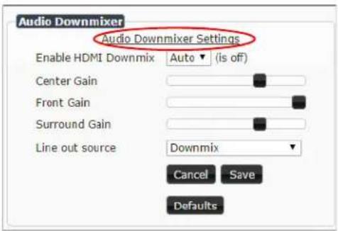 Audio Downmixer Audio Downmixer Settings Enable HDMI Downmix Auto ▼ (is off) Center Gain Front Gain Surround Gain Line out source Downmix Cancel Save Defaults