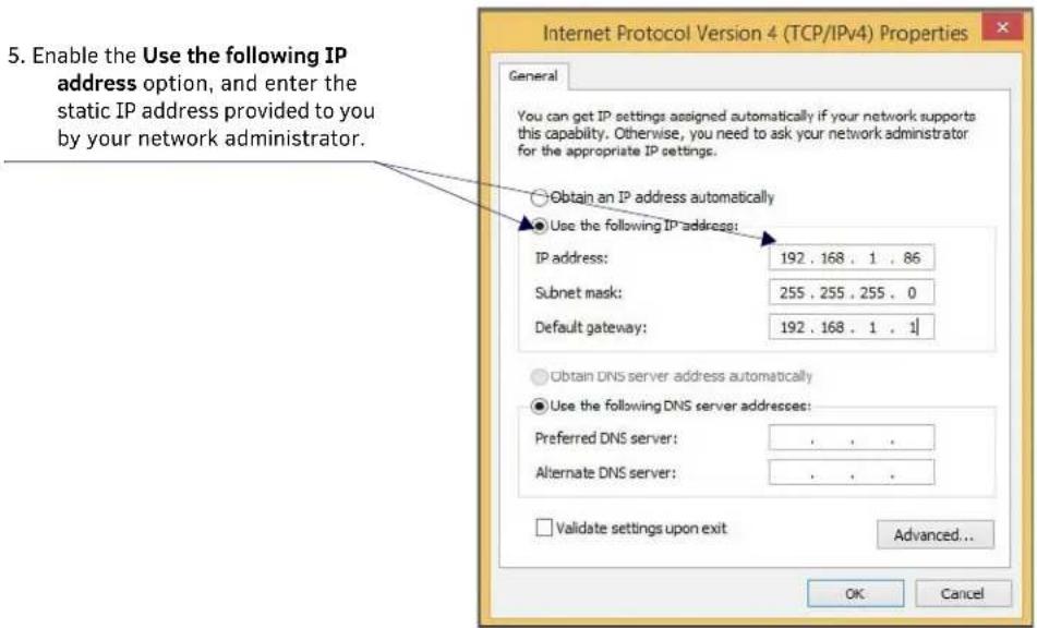 5. Enable the Use the following IP address option, and enter the static IP address provided to you by your network administrator. Internet Protocol Version 4 (TCP/IPv4) Properties General You can get IP settings assigned automatically if your network supports this capability. Otherwise, you need to…