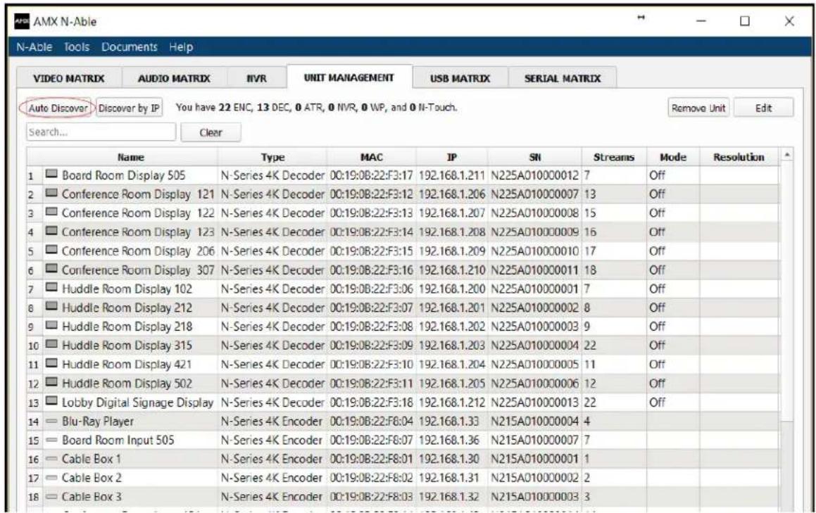 AMX N-Able N-Able Tools Documents Help VIDEO MATRIX AUDIO MATRIX NVR UNIT MANAGEMENT USB MATRIX SERIAL MATRIX Auto Discover Discover by IP You have 22 ENC, 13 DEC, 0 ATR, 0 NVR, 0 WP, and 0 N-Touch. Remove Unit Edit Search... Clear Name Type MAC IP SN Streams Mode Resolution 1 Board Room Display 505…
