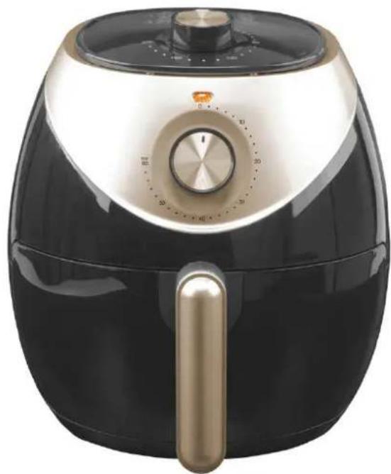 Black and white air fryer with a golden handle, showing no text or symbols on the device itself.