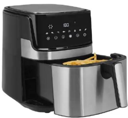 Exterior view of a modern air fryer with digital display and side arm (no text or symbols visible)