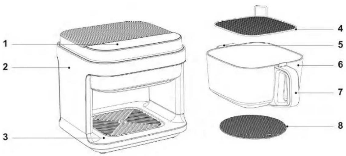 Technical diagram of a food oven with numbered parts for identification