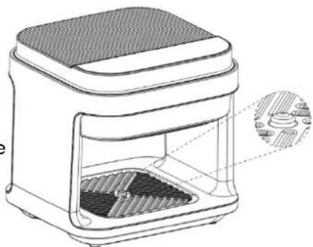 Line drawing of a smart food oven with a mesh lid and internal compartments (no text or symbols)