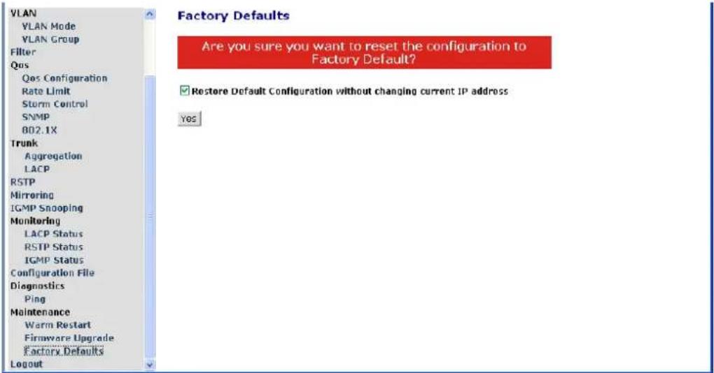 VLAN VLAN Mode VLAN Group Filter Qus Qos Configuration Rate Limit Storm Control SNMP 802.1X Trunk Aggregation LACP RSTP Mirroring IGMP Snooping Monitoring LACP Status RSTP Status IGMP Status Configuration File Diagnostics Ping Maintenance Warm Restart Firmware Upgrade Factory Defaults Logout Factory Defaults Are you sure you want to reset the configuration to Factory Default? Restore Default Configuration without changing current IP address Yes