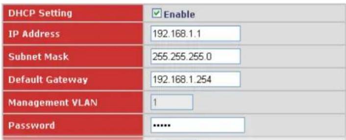 DHCP Setting IP Address 192.168.1.1 Subnet Mask 255.255.255.0 Default Gateway 192.168.1.254 Management VLAN 1 Password ......