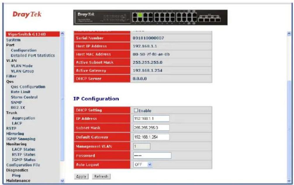 DrayTek Vigor-Switch G1240 System Port Configuration Detailed Port Statistics VLAN VLAN Mode VLAN Group Filter Qos Qos Configuration Rate Limit Storm Control SNMP B02.1X Trunk Aggregation LACP RSTP Mirroring IGMP Snooping Monitoring LACP Status RSTP Status IGMP Status Configuration File Diagnostics Ping Maintenance Serial Number 031810000007 Host IP Address 192.168.1.1 Host MAC Address 00-50-7f-f0-an-0b Active Subnet Mask 255.255.255.0 Active Gateway 192.168.1.254 DHCP Server 0.0.0.0 IP Configuration DHCP Setting Enable IP Address 192.168.1.1 Subnet Mask 255.255.255.0 Default Gateway 192.168.1.254 Management VLAN 1 Password ...... Auto Logout OFF Apply Refresh