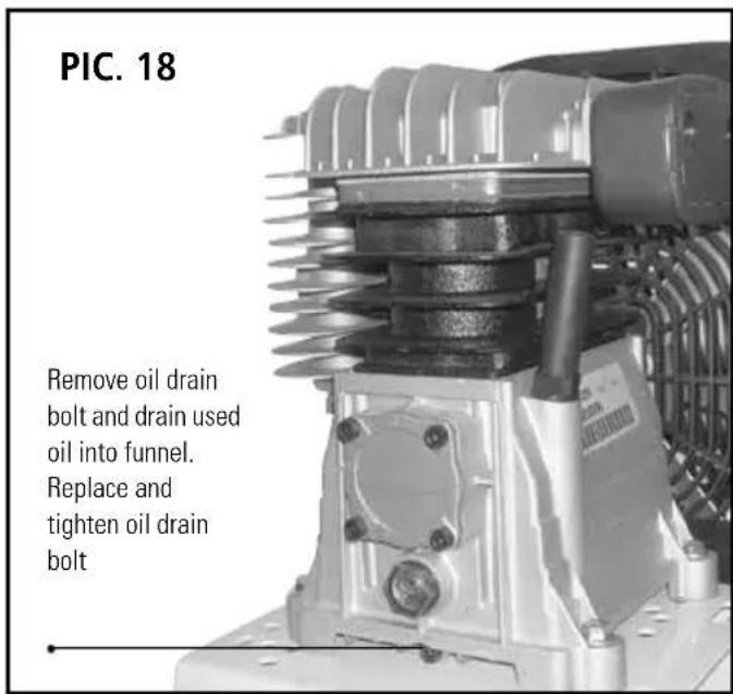 PIC. 18 Remove oil drain bolt and drain used oil into funnel. Replace and tighten oil drain bolt