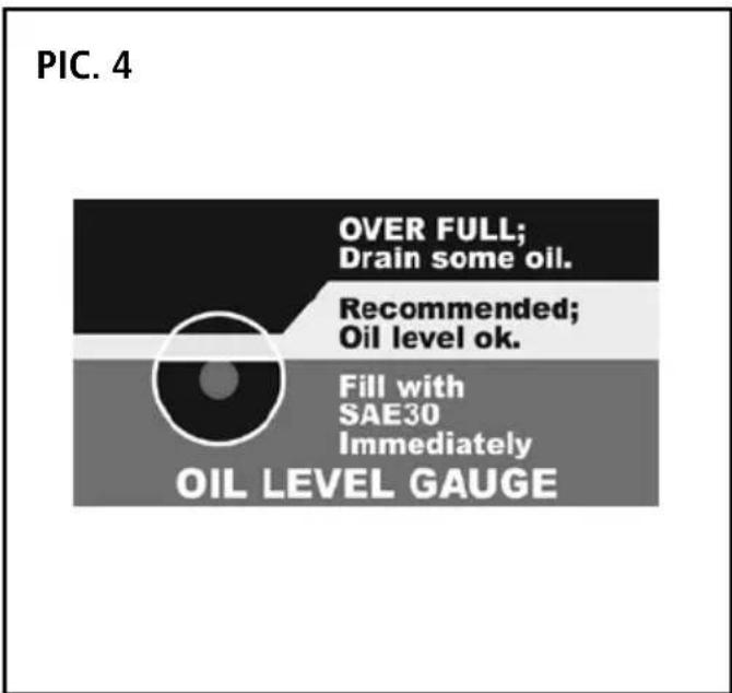 PIC. 4 OVER FULL; Drain some oil. Recommended; Oil level ok. Fill with SAE30 Immediately OIL LEVEL GAUGE