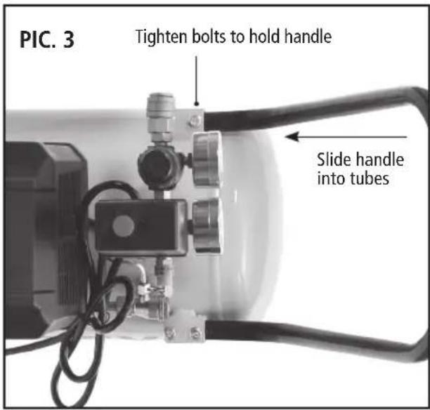 PIC. 3 Tighten bolts to hold handle Slide handle into tubes