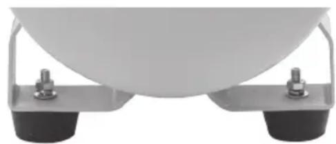 Close-up of a white spherical object with two black base plates and metallic fittings (no text or symbols visible)