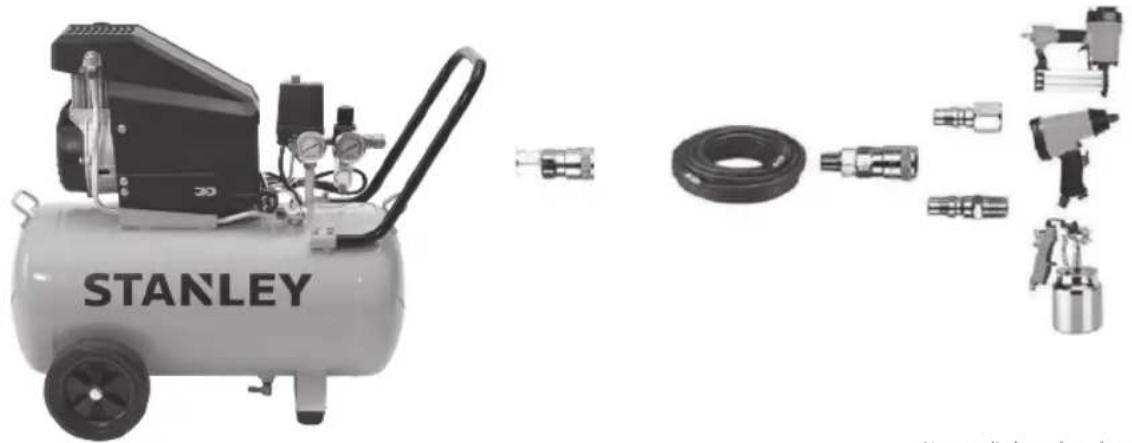 Product photo of a Stanley air compressor with attached hoses and spray guns (no visible text or symbols)