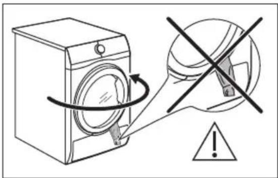 Diagram showing a washing machine with a warning symbol and a circular component, indicating mechanical or electrical hazard.