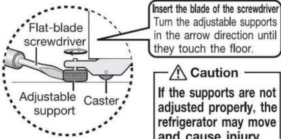 Flat-blade screwdriver Adjustable support Caster Insert the blade of the screwdriver Turn the adjustable supports in the arrow direction until they touch the floor. Caution If the supports are not adjusted properly, the refrigerator may move and cause injury.