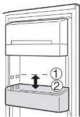 Diagram showing a mechanical or electrical component with labeled parts ① and ②, indicating directional movement or assembly.