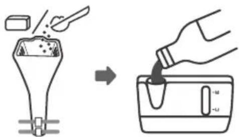 Diagram illustrating a chemical process: adding granular material into a funnel, and pouring liquid into a container with a U-shaped tube.