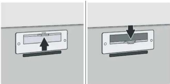 Diagram showing two views of a device with labeled components and directional arrows indicating movement or assembly.