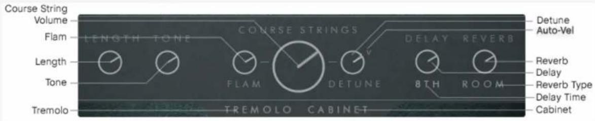 Course String Volume Flam LENGTH TONE Length Tone Tremolo TREMOLO CABINET COURSE STRINGS FLAM DETUNE DELAY REVERB 8TH ROOM Delune Auto-Vel Reverb Delay Reverb Type Delay Time Cabinet