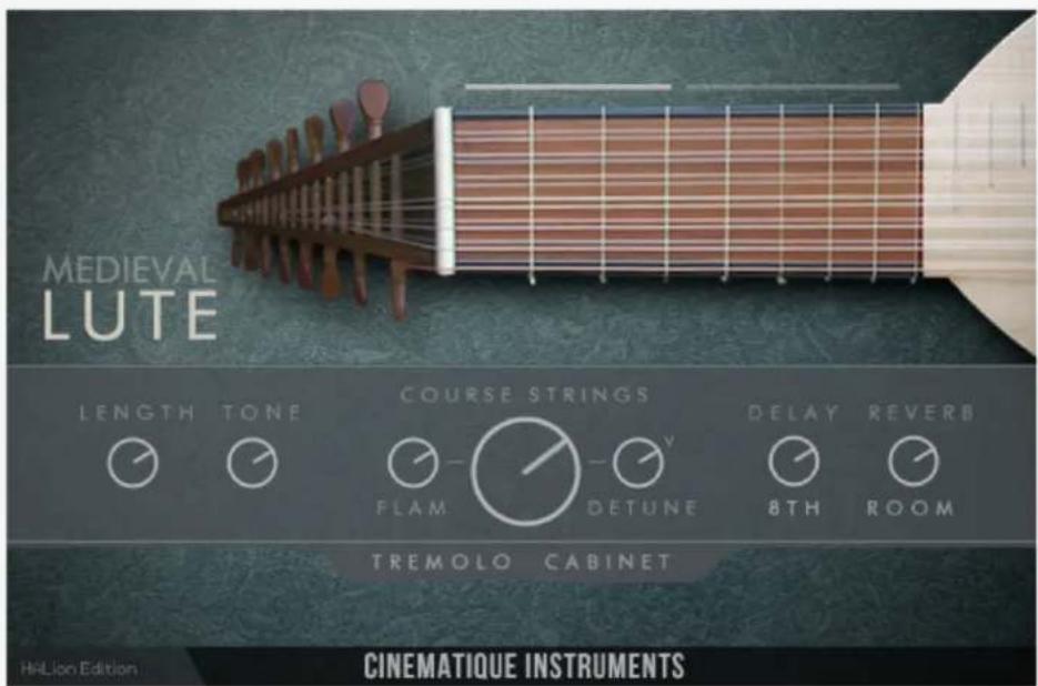 MEDIEVAL LUTE LENGTH TONE COURSE STRINGS DELAY REVERB FLAM DETUNE 8TH ROOM TREMOLO CABINET CINEMATIQUE INSTRUMENTS HéLion Edition