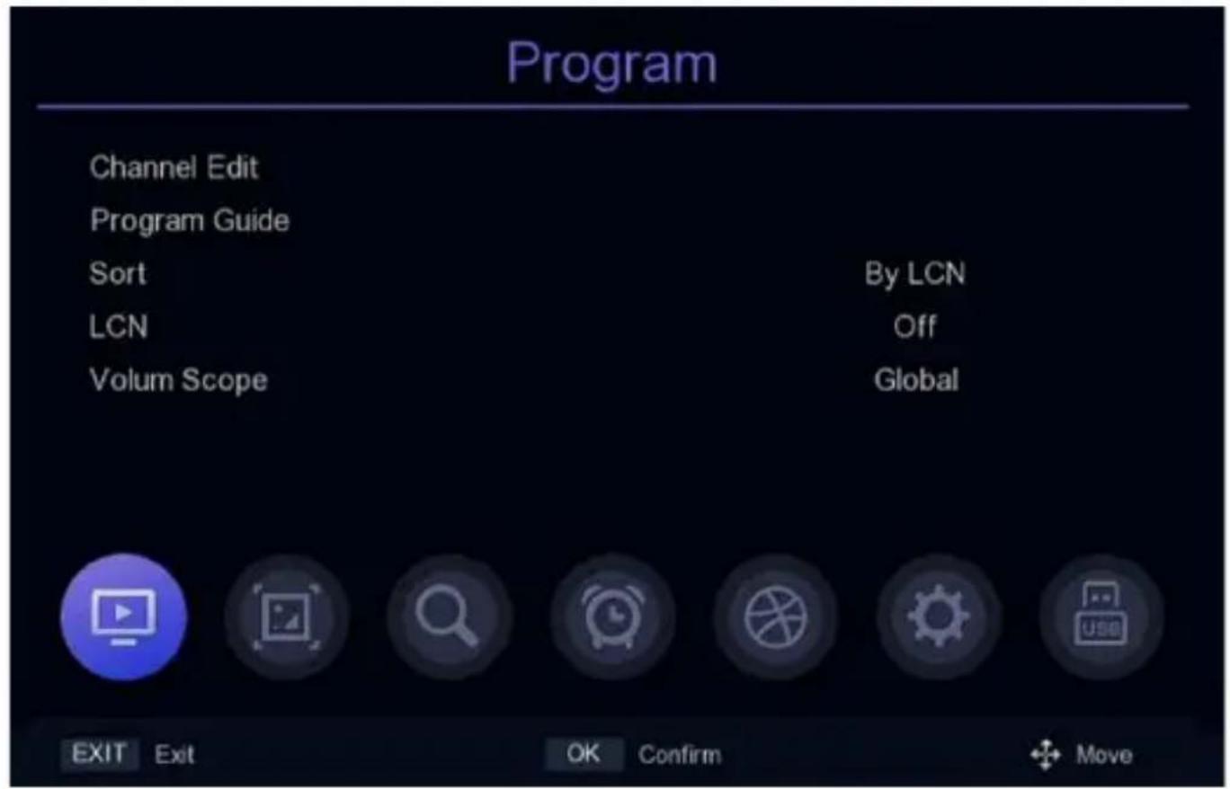 Program Channel Edit Program Guide Sort By LCN LCN Off Volum Scope Global EXIT Exit OK Confirm Move