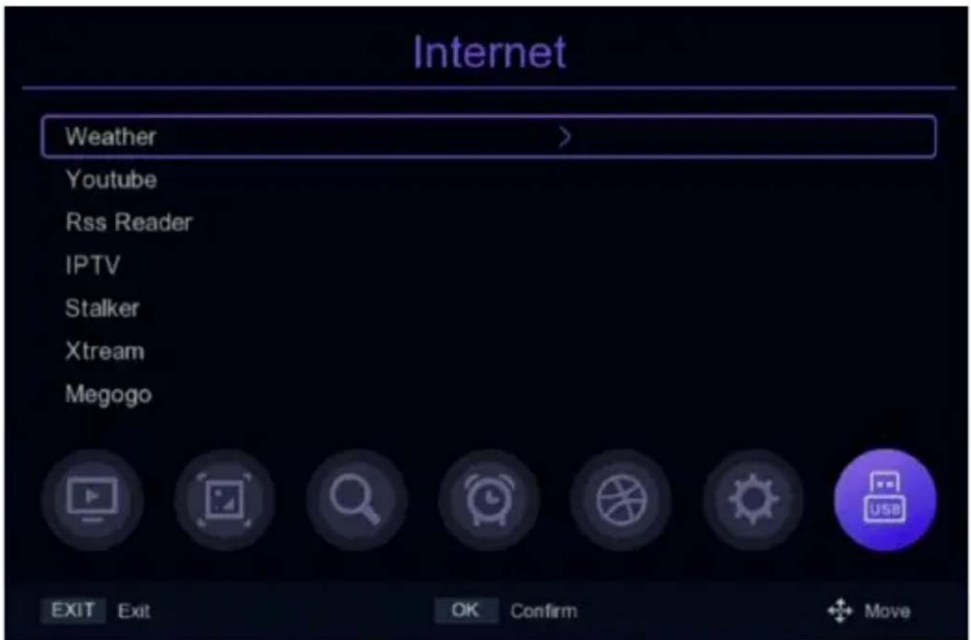 Internet Weather > Youtube Rss Reader IPTV Stalker Xstream Megogo EXIT Exit OK Confirm Move