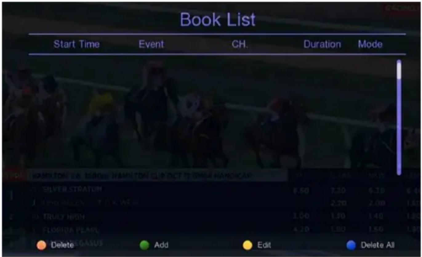 Book List Start Time Event CH. Duration Mode WAMUTON 28 15:00 AM HAMILTON CLIP DCT TO SMIA HANDICAP SILVER STRATUM J. NEW GREEN TURK WEIH R. TRULY HIGH L. FLORIDA PEAPL Delete Add Edit Delete All