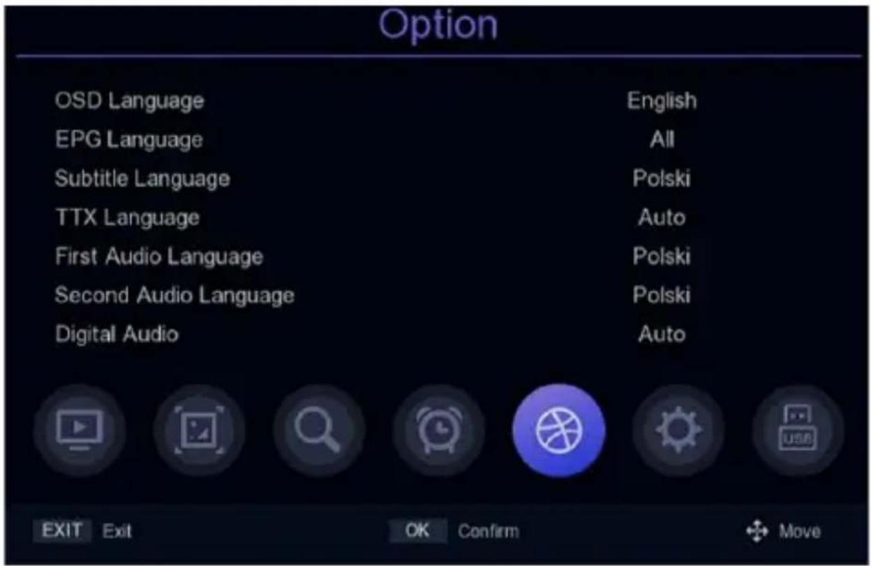 Option OSD Language English EPG Language All Subtitle Language Polski TTX Language Auto First Audio Language Polski Second Audio Language Polski Digital Audio Auto EXIT Exit OK Confirm Move