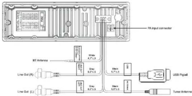PA input connector BT Antenna White 4.1"±.5 Gray 6.5"±.5 Line Out (R) Black 6.7"±.5 USB Pigtail Line Out (L) Light 6.8"±.5 Gray 6.5"±.5 Black 6.5"±.5 Tuner Antenna