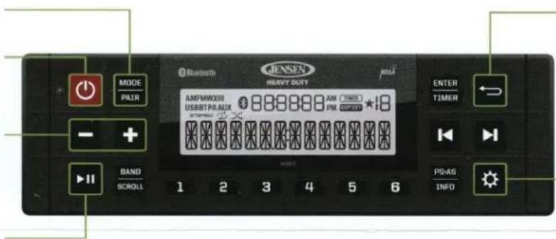 JENSEN WEAVY DUTY MODE PAIR AMFMW008 AM TIME USBTPA AUX PM 18 BAND SCROLL 1 2 3 4 5 6 ENTER TIMER PS-AS INFO