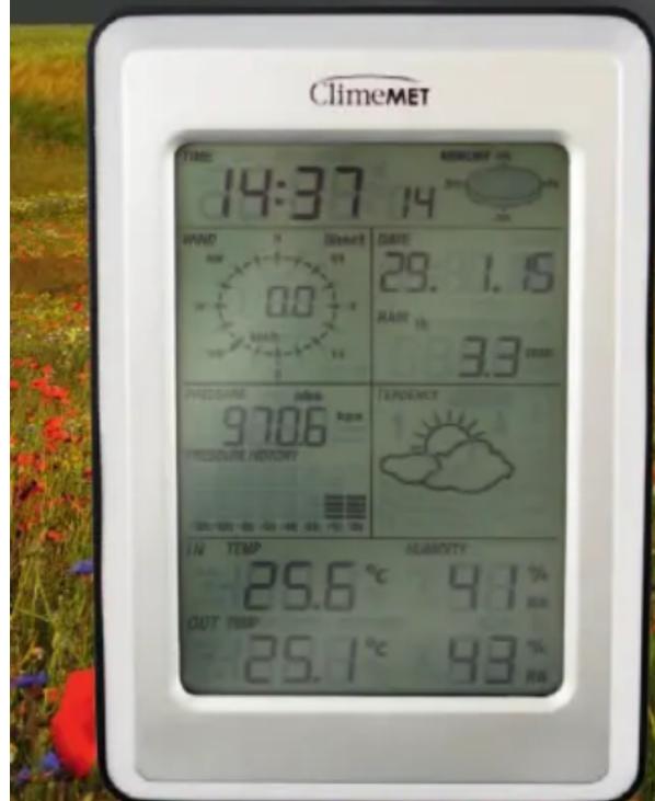 ClimeMET TIME: 14:37 WIND 0.8 Drought 29.1.5 HAW 3.3 MUSGURE 9706 Pressure HORIZONY TEMP OUT TURB 25.6°C 9.1% 93%
