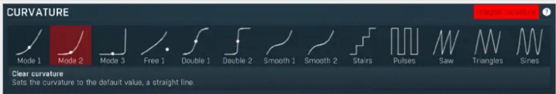CURVATURE Mode 1 Mode 2 Mode 3 Free 1 Double 1 Double 2 Smooth 1 Smooth 2 Stairs Pulses Saw Triangles Sines Clear curvature Sets the curvature to the default value, a straight line. Integral curvature ?
