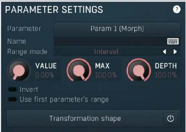 PARAMETER SETTINGS Parameter Param 1 (Morph) Name Range mode Interval VALUE MAX DEPTH 0.00% 100.0% Invert Use first parameter's range Transformation shape