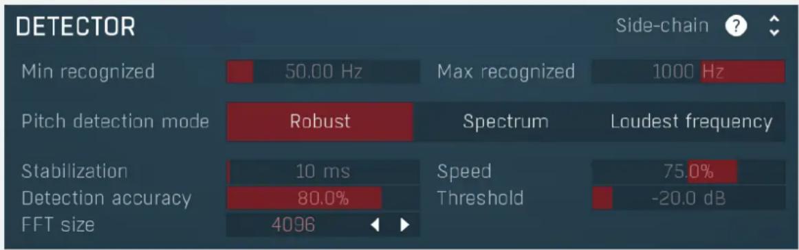 DETECTOR Min recognized 50.00 Hz Max recognized 1000 Hz Pitch detection mode Robust Spectrum Loudest frequency Stabilization 10 ms Speed 75.0% Detection accuracy 80.0% Threshold -20.0 dB FFT size 4096