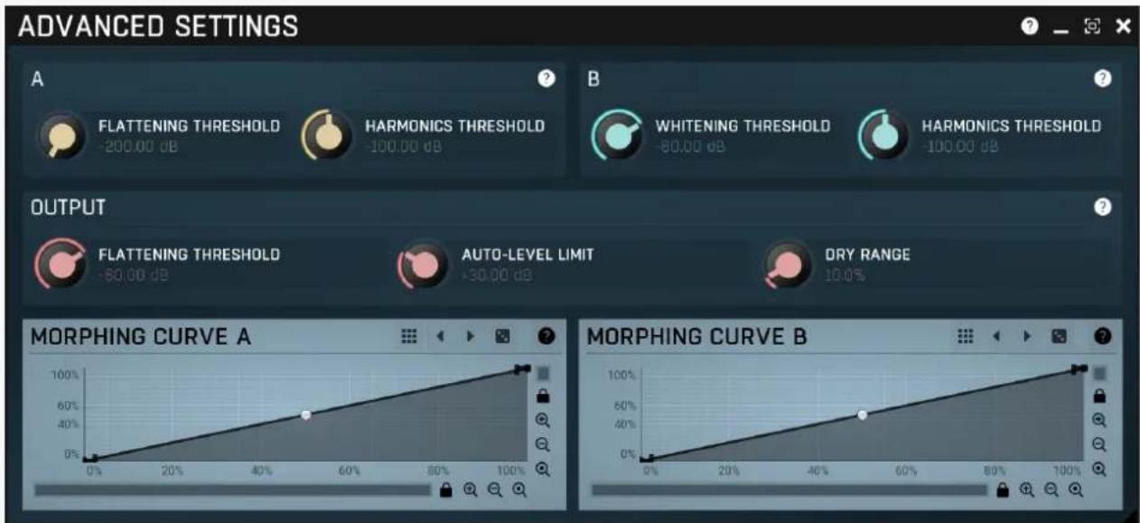 ADVANCED SETTINGS A FLATTENING THRESHOLD -200.00 dB HARMONICS THRESHOLD -100.00 dB B WHITENING THRESHOLD -60.00 dB HARMONICS THRESHOLD -100.00 dB OUTPUT FLATTENING THRESHOLD -60.00 dB AUTO-LEVEL LIMIT -30.00 dB DRY RANGE MORPHING CURVE A MORPHING CURVE B