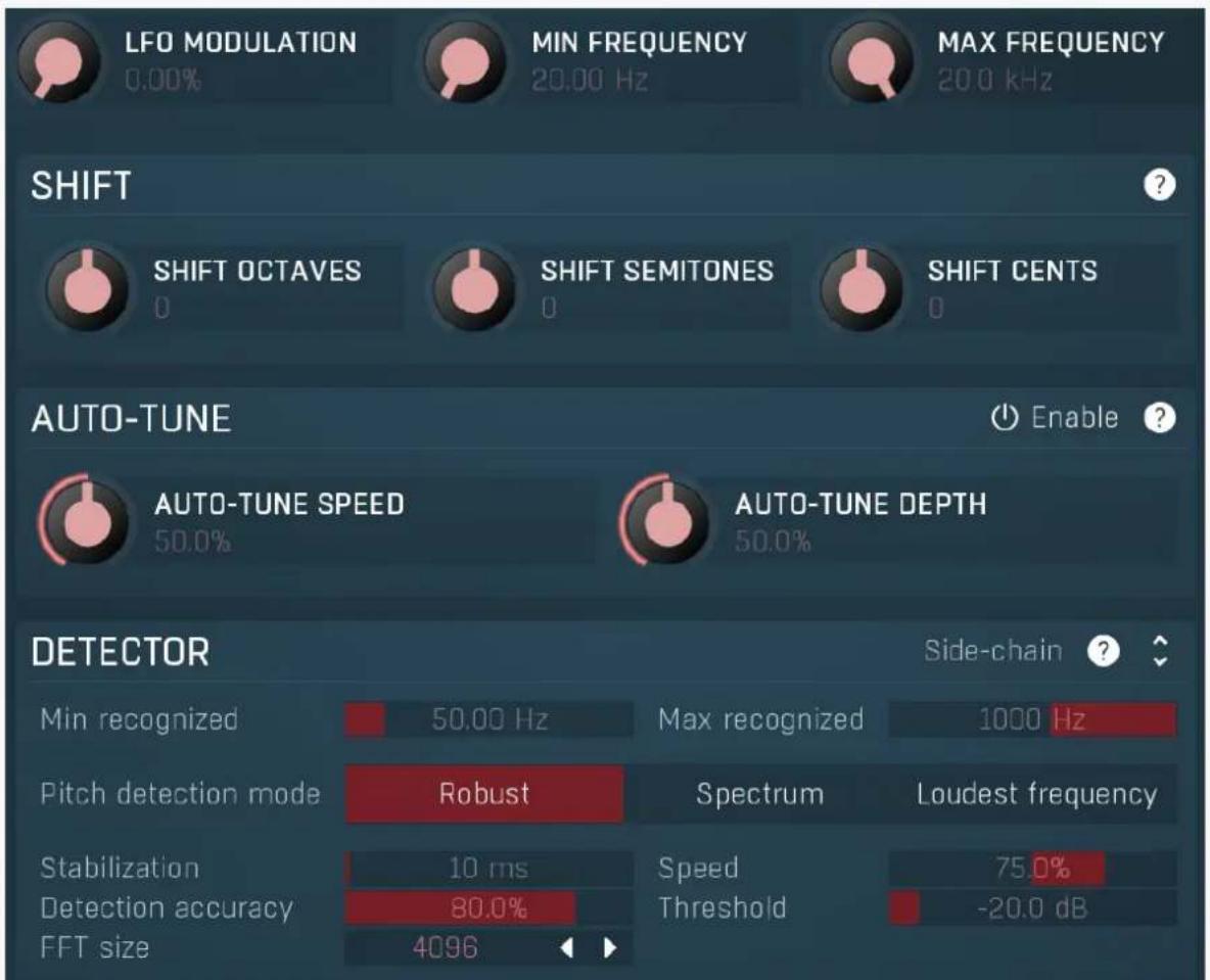 LFO MODULATION 0.00% MIN FREQUENCY 20.00 Hz MAX FREQUENCY 20.0 kHz SHIFT SHIFT OCTAVES SHIFT SEMITONES SHIFT CENTS AUTO-TUNE Enable ? AUTO-TUNE SPEED 50.0% AUTO-TUNE DEPTH 50.0% DETECTOR Side-chain ? Min recognized 50.00 Hz Max recognized 1000 Hz Pitch detection mode Robust Spectrum Loudest frequency Stabilization 10 ms Speed 75.0% Detection accuracy 80.0% Threshold -20.0 dB FFT size 4096