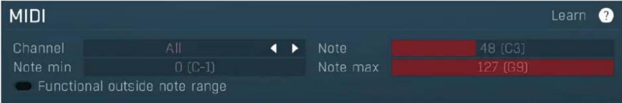 MIDI Learn ? Channel All Note 48 [C3] Note min 0 (C-1) Note max 127 (G9) Functional outside note range
