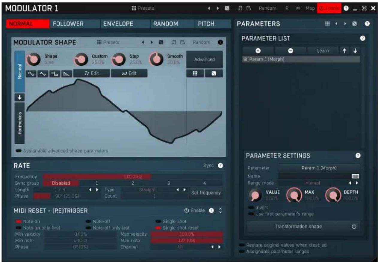 MODULATOR 1 Preset Random R W Map Enable ? NORMAL FOLLOWER ENVELOPE RANDOM PITCH MODULATOR SHAPE Presets Random ? Shape Custom Step Smooth Advanced Line 25.0% 25.0% 50.0% 50.0% Advanced Harmonics Assignable advanced shape parameters RATE Sync ? Frequency 1000 Hz Sync group Disabled 1 2 3 4 Length 1 / 4 Type Straight Set frequency Phase 90° (25.0%) Count 1 MIDI RESET - (RE)TRIGGER Enable ? Note-on Note-off Single shot Parameter Param 1 (Morph) Note-on only first Note-off only last Range mode Interval Min velocity 0.00% Max velocity 100.0% Min note G (C-3) Max note 127 (G9) Phase 0° (0%) Channel All Transformation shape PARAMETER LIST Param 1 (Morph) VALUE MAX DEPTH Invert Use first parameter's range Restore original values when disabled Assignable parameter ranges