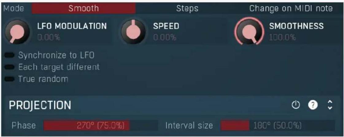 Mode Smooth Steps Change on MIDI note LFO MODULATION 0.00% SPEED 0.00% SMOOTHNESS 100.0% Synchronize to LFO Each target different True random PROJECTION Phase 270° (75.0%) Interval size 180° (50.0%)