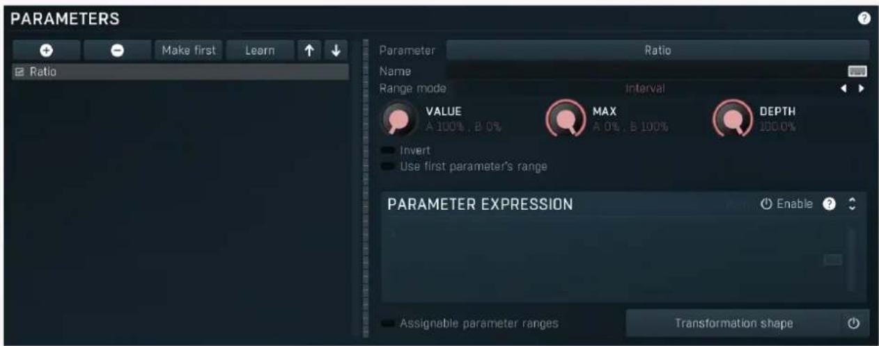 PARAMETERS Make first Learn Ratio Parameter Ratio Name Range mode Interval VALUE MAX DEPTH A 100%, B 0% A 0%, B 100% 100.0% Invert Use first parameter's range PARAMETER EXPRESSION Enable ? ■ Assignable parameter ranges Transformation shape