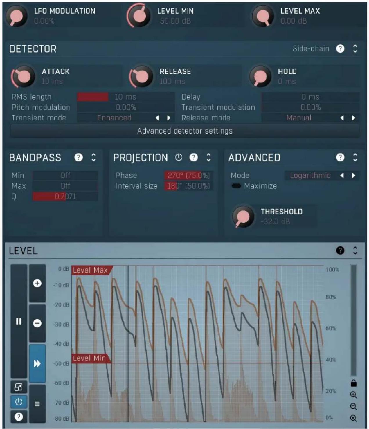 LFO MODULATION 0.00% LEVEL MIN -50.00 dB LEVEL MAX 0.00 dB DETECTOR Side-chain ? ATTACK 10 ms RELEASE 100 ms HOLD 0 ms RMS length 10 ms Delay 0 ms Pitch modulation 0.00% Transient mode Enhanced Transient modulation 0.00% Release mode Manual Advanced detector settings BANDPASS Min Off Max Off Q 0.7071 PROJECTION Phase 270° [75.0%] Interval size 180° [50.0%] ADVANCED Mode Logarithmic Maximize THRESHOLD -32.0 dB LEVEL Level Max Level Min