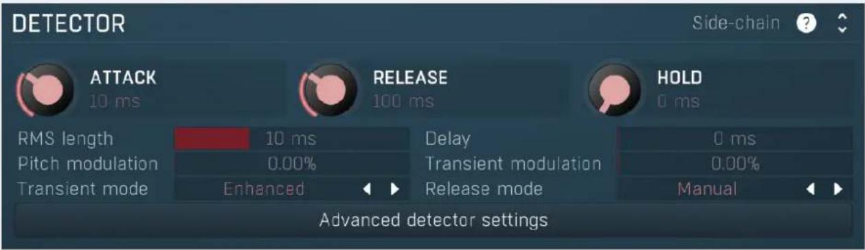 DETECTOR Side-chain ? ATTACK 10 ms RELEASE 100 ms HOLD 0 ms RMS length 10 ms Delay 0 ms Pitch modulation 0.00% Transient modulation 0.00% Transient mode Enhanced Release mode Manual Advanced detector settings