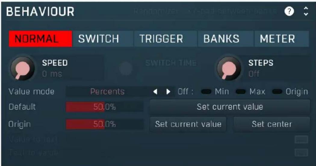 BEHAVIOUR NORMAL SWITCH TRIGGER BANKS METER SPEED 0 ms SWITCH TIME STEPS Off Value mode Percents Off : Min Max Origin Default 50.0% Set current value Origin 50.0% Set current value Set center Value to test Text to value