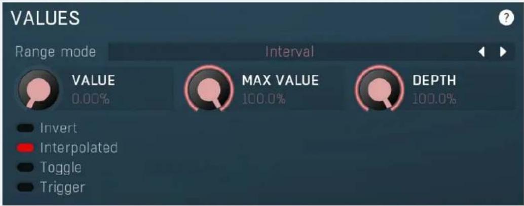 VALUES Range mode Interval VALUE MAX VALUE DEPTH 0.00% 100.0% Invert Interpolated Toggle Trigger