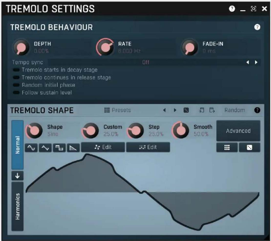 TREMOLO SETTINGS TREMOLO BEHAVIOUR DEPTH 0.00% RATE 6.000 Hz FADE-IN 0 ms Tempo sync Off Tremolo starts in decay stage Tremolo continues in release stage Random initial phase Follow sustain level TREMOLO SHAPE Presets Random ? Shape Sine Custom 25.0% Step 25.0% Smooth 50.0% Advanced Normal Edit Edit Harmonics