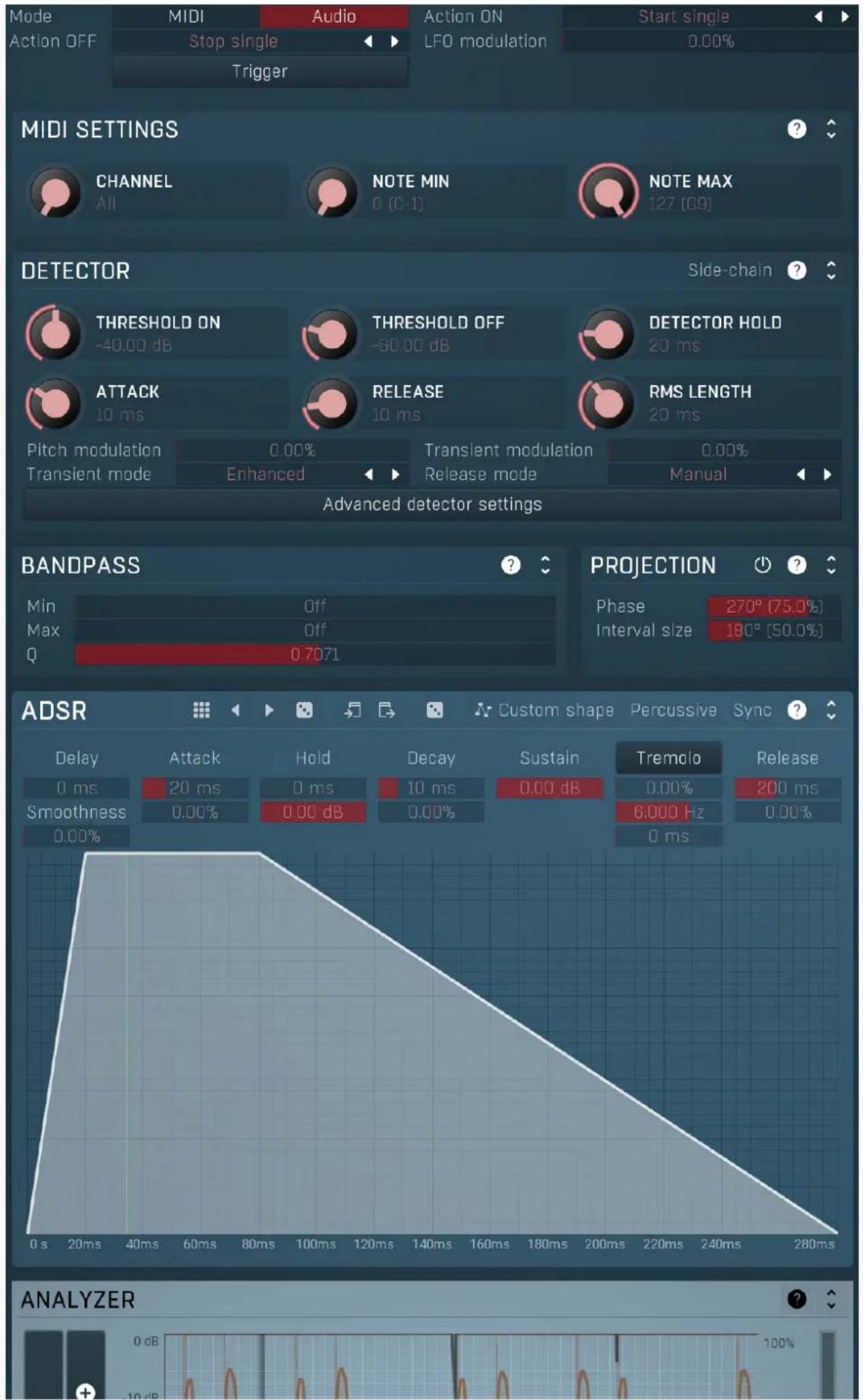 Mode MIDI Audio Action ON Start single Action OFF Stop single LFO modulation 0.00% Trigger MIDI SETTINGS CHANNEL NOTE MIN NOTE MAX 127 (69) DETECTOR Side-chain THRESHOLD ON -40.00 dB THRESHOLD OFF -60.00 dB DETECTOR HOLD 20 ms ATTACK 10 ms RELEASE 10 ms RMS LENGTH 20 ms Pitch modulation 0.00% Transient modulation 0.00% Transient mode Enhanced Release mode Manual Advanced detector settings BANDPASS Min Off Max Off Q 0.7071 PROJECTION Phase 270° (75.0%) Interval size 180° (50.0%) ADSR Custom shape Percussive Sync ? Delay Attack Hold Decay Sustain Tremolo Release 0 ms 20 ms 0 ms 10 ms 0.00 dB 0.00% 200 ms Smoothness 0.00% 0.00 dB 0.00% 6.000 Hz 0.00% 0.00% ANALYZER